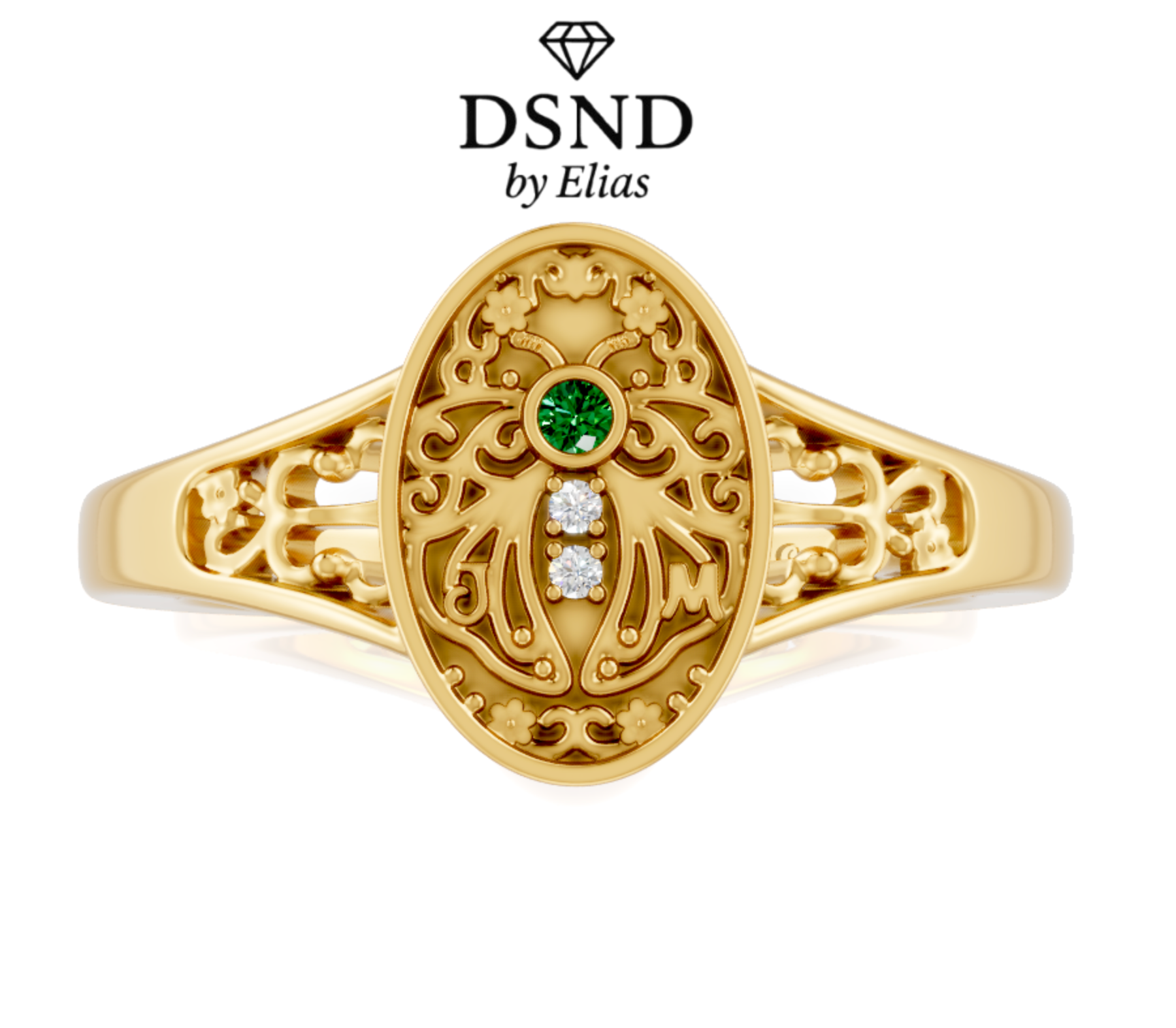 Julia Custom Designed Signet Ring with mined diamonds, lab emerald