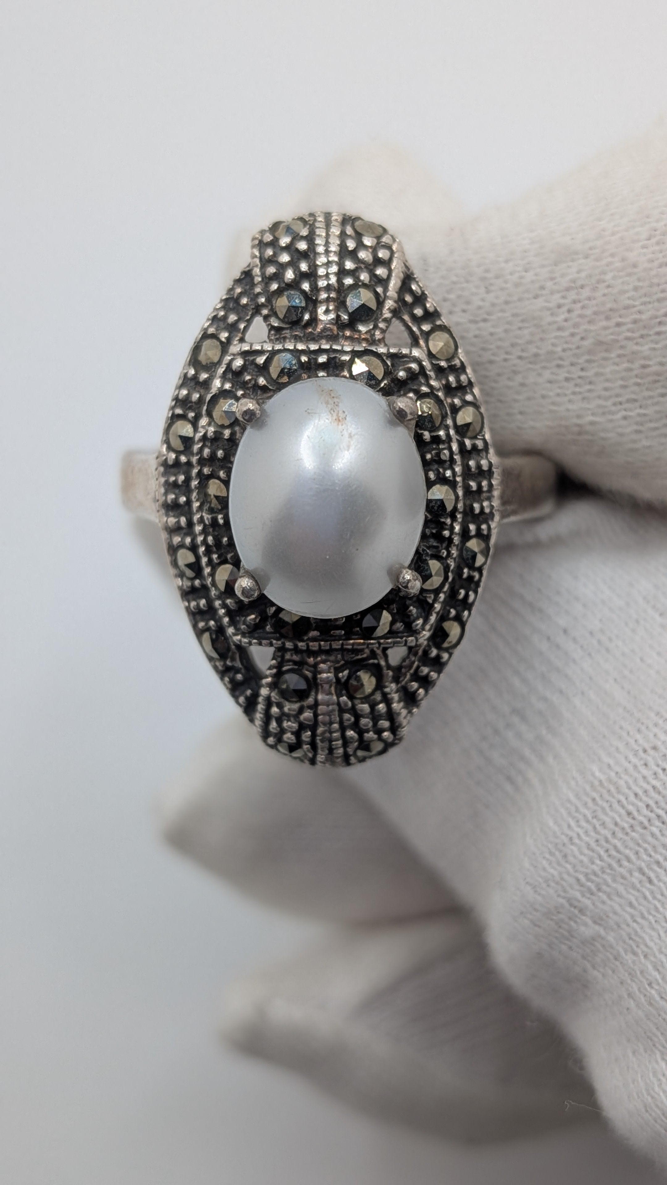 Vintage Marcasite and Pearl Silver Ring