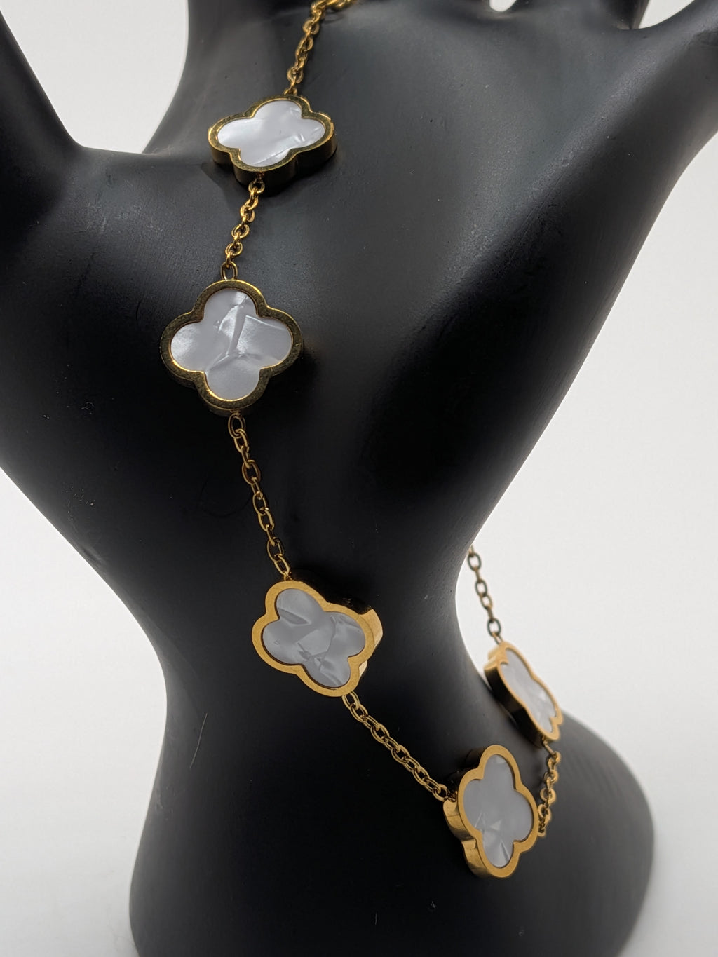 Clover Mother of Pearl Inspired Necklace Stainless Steel 18 KGP $45