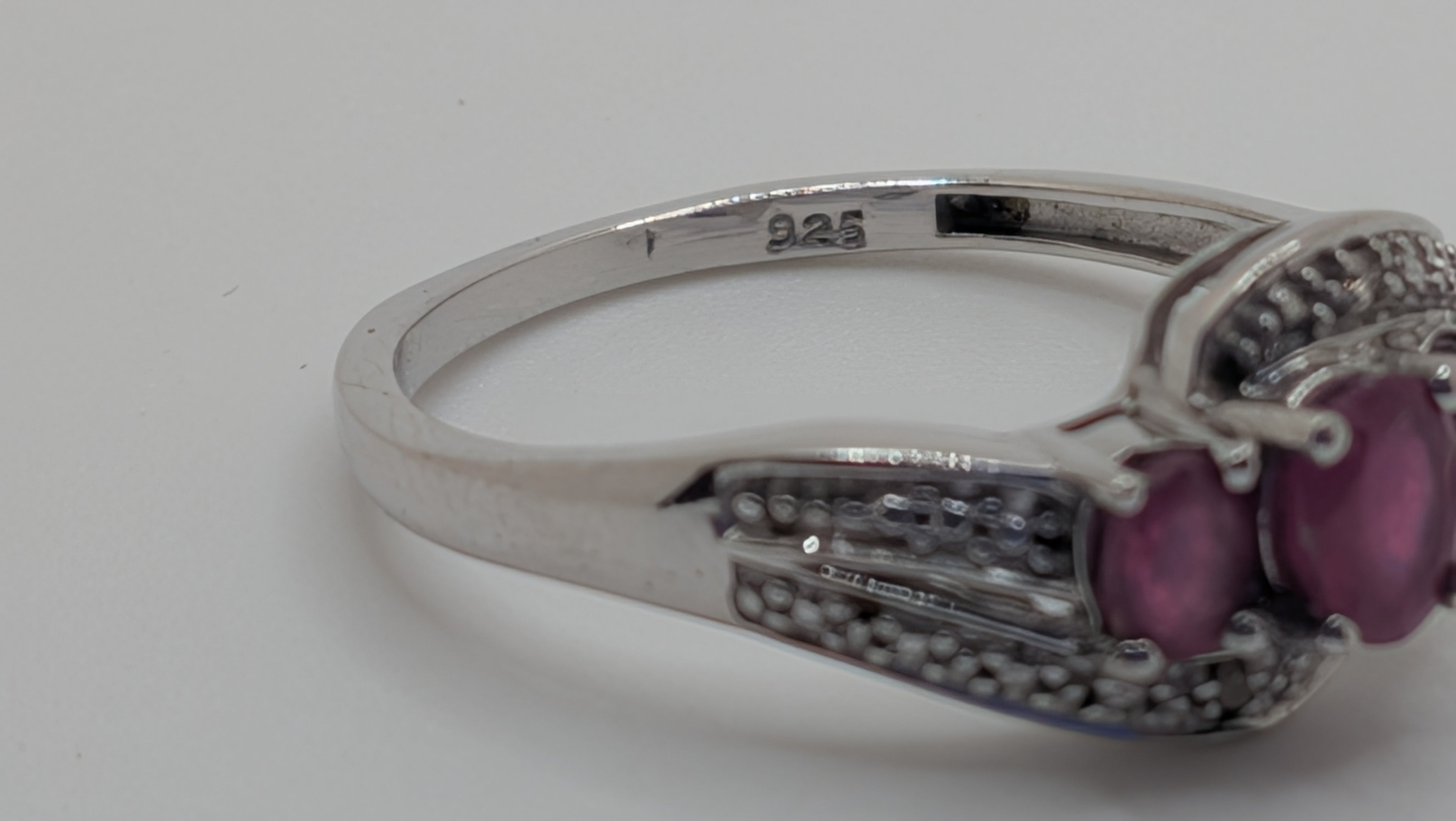Sterling Silver Three Stone Ruby and 2 Diamonds Size 9