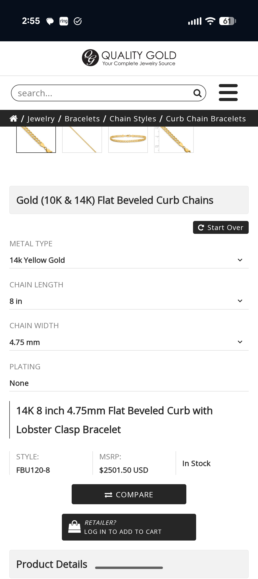 8 inches 14 KY Curb Bracelet 4.75 MM with lobster clasp