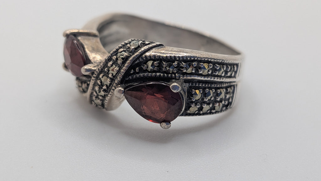 Sterling Silver Pear Garnet and Marcasite Ring Size 9.25