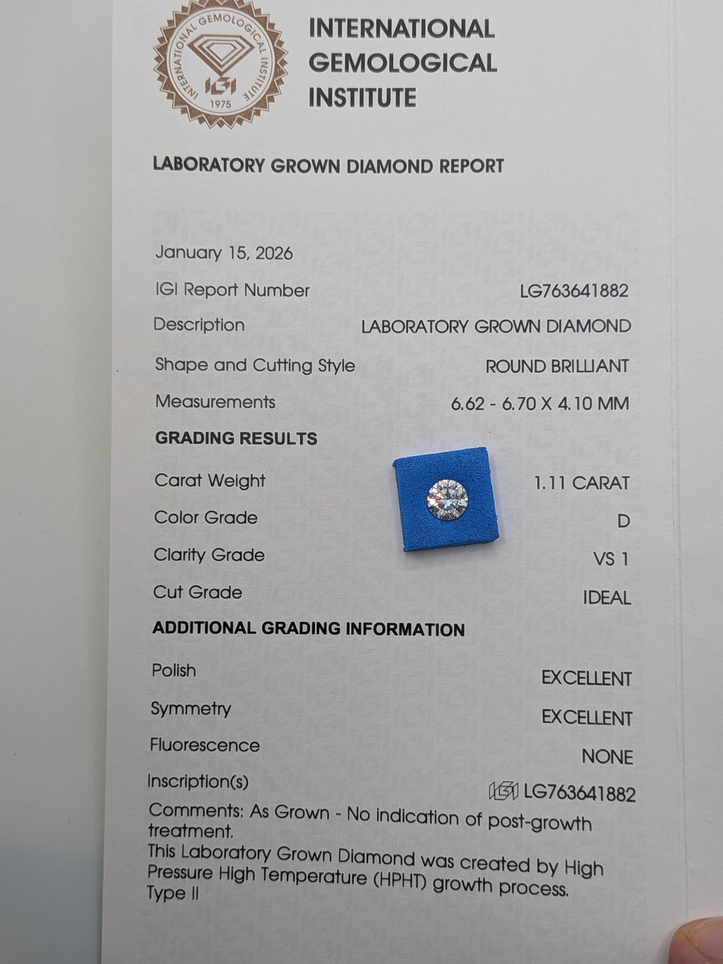 1.11 carat lab grown diamond D VS1 EXCELLENT POLISH EXCELLENT SYMMETRY igi 1882