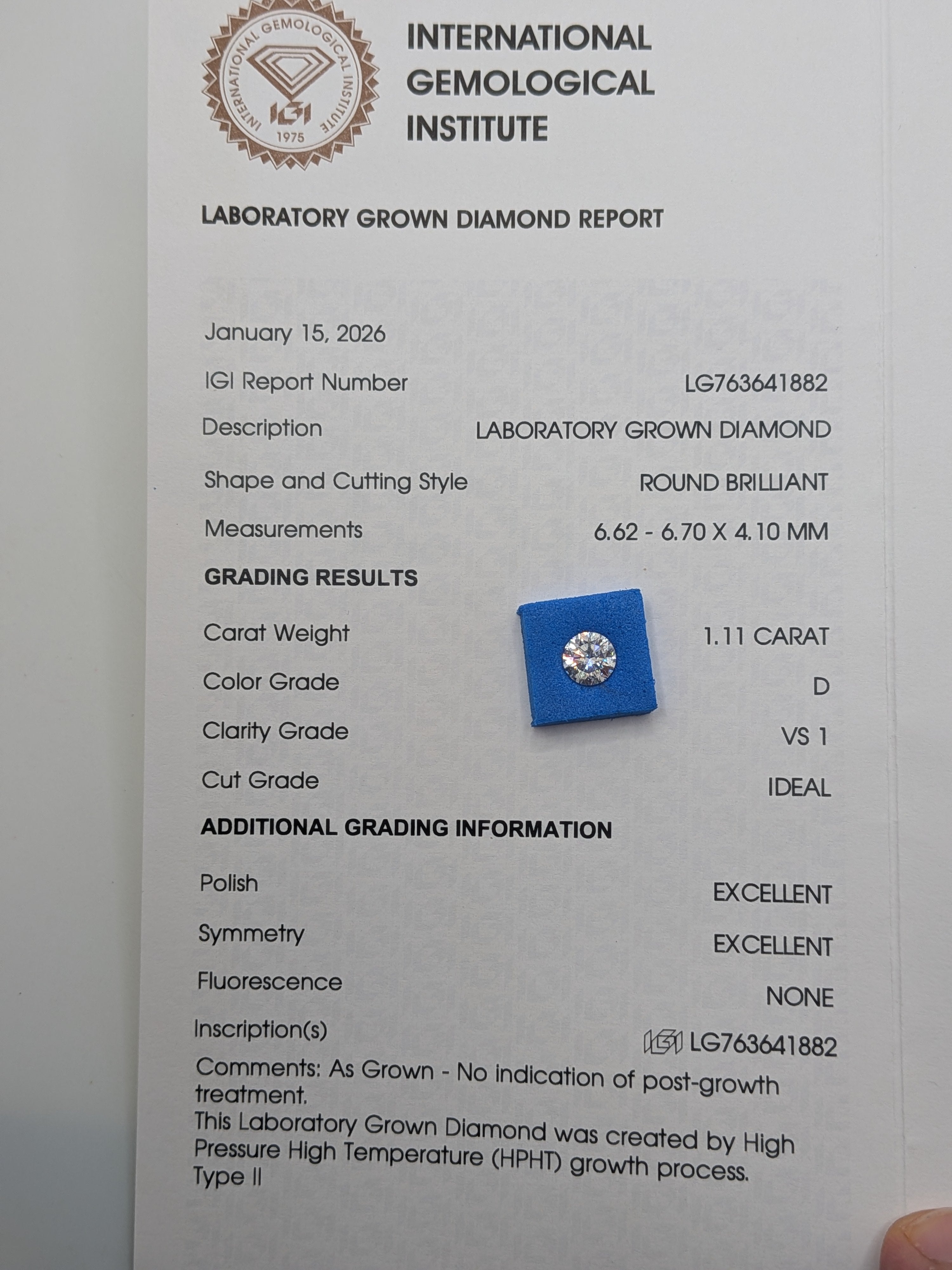 1.11 carat lab grown diamond D VS1 EXCELLENT POLISH EXCELLENT SYMMETRY igi 1882
