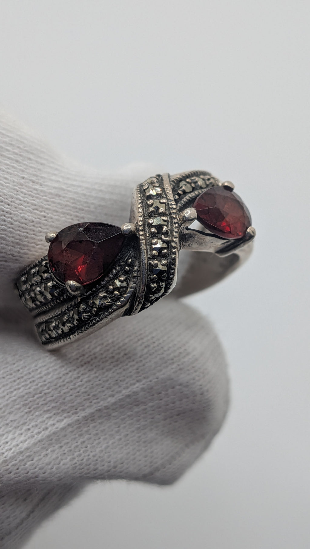 Sterling Silver Pear Garnet and Marcasite Ring Size 9.25