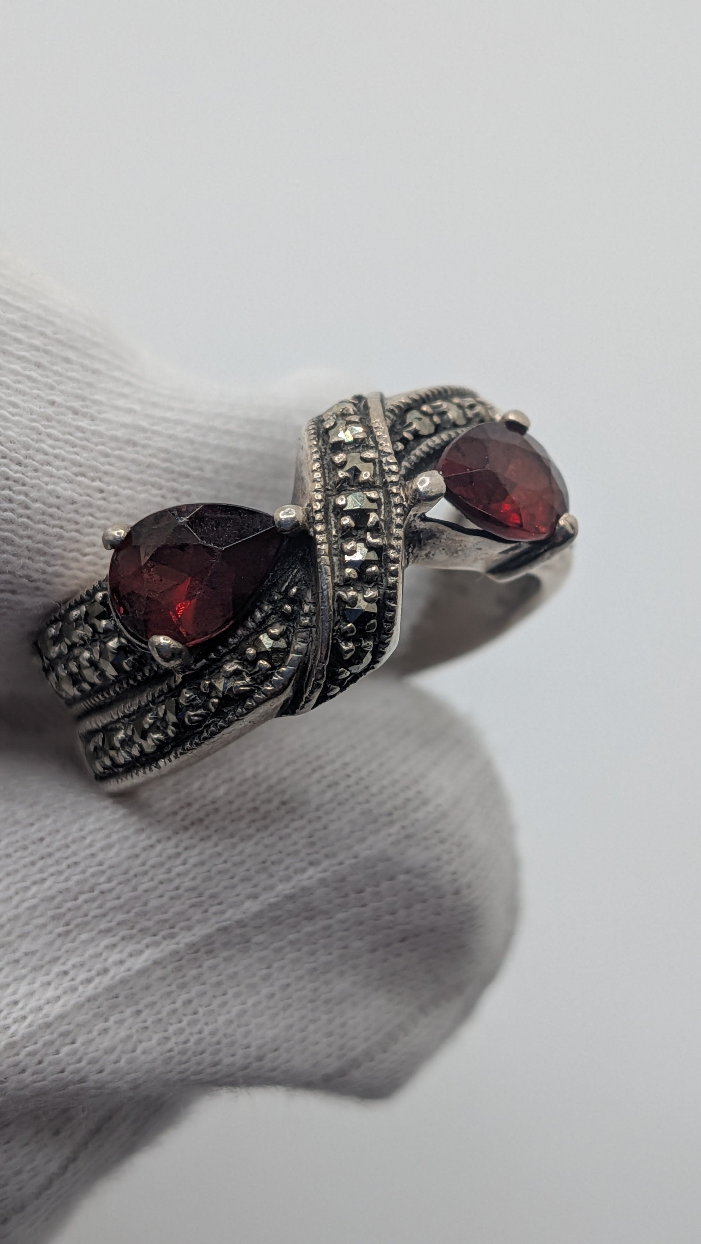 Sterling Silver Pear Garnet and Marcasite Ring Size 9.25