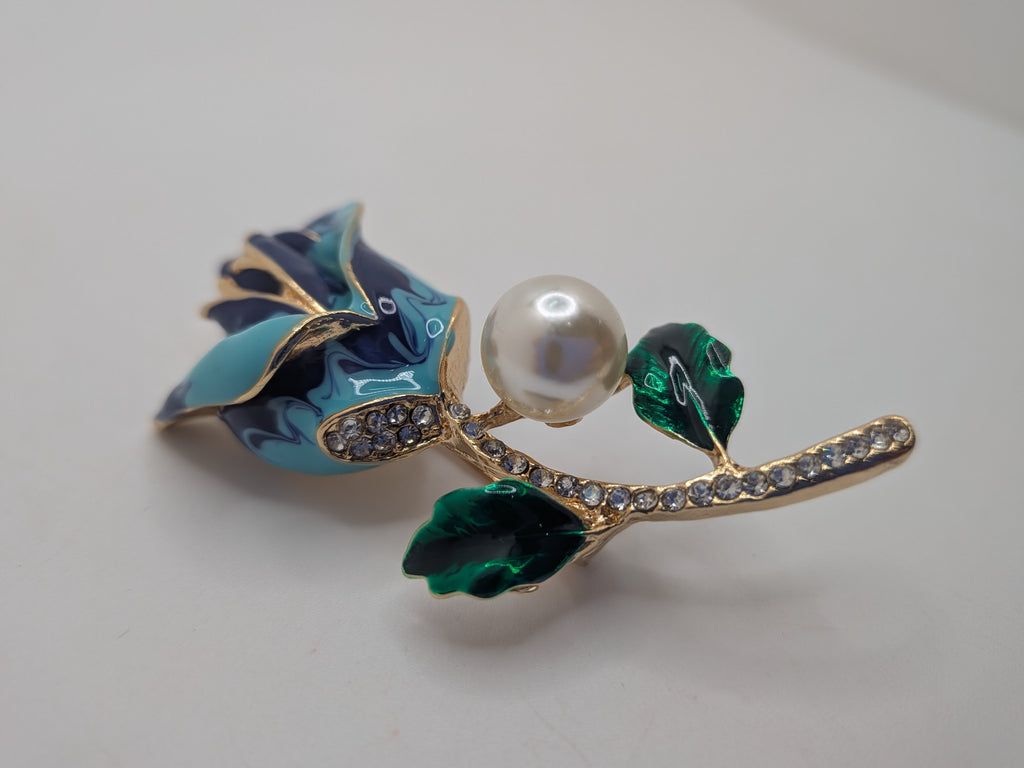 KULLI Atelier Blue Rose & Pearl Fashion Brooch — $25