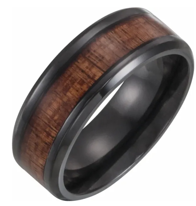 Black Titanium 8 mm Beveled-Edge Hawaiian Koa Wood Inlay Comfort-Fit Band Size 10