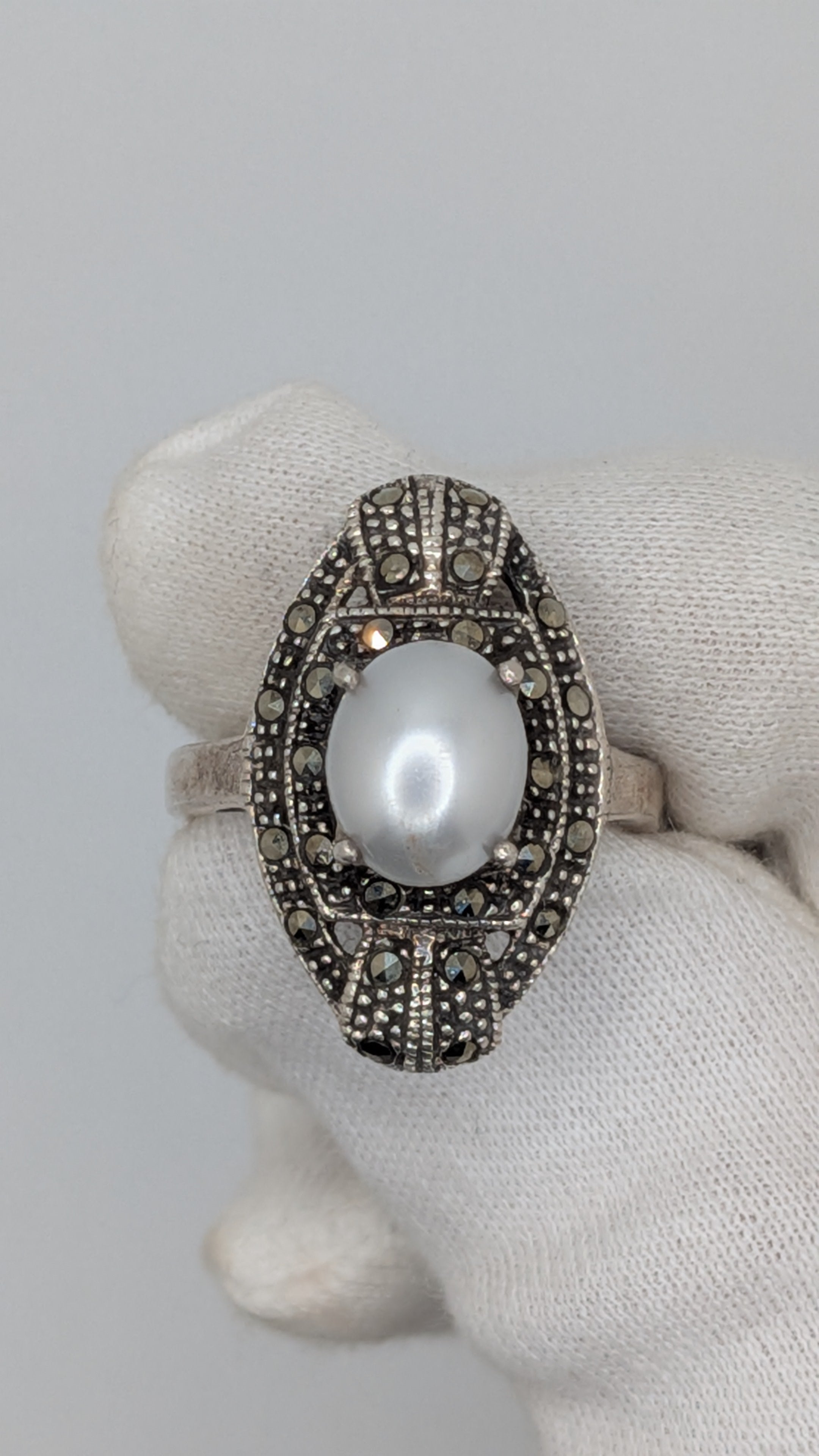 Vintage Marcasite and Pearl Silver Ring