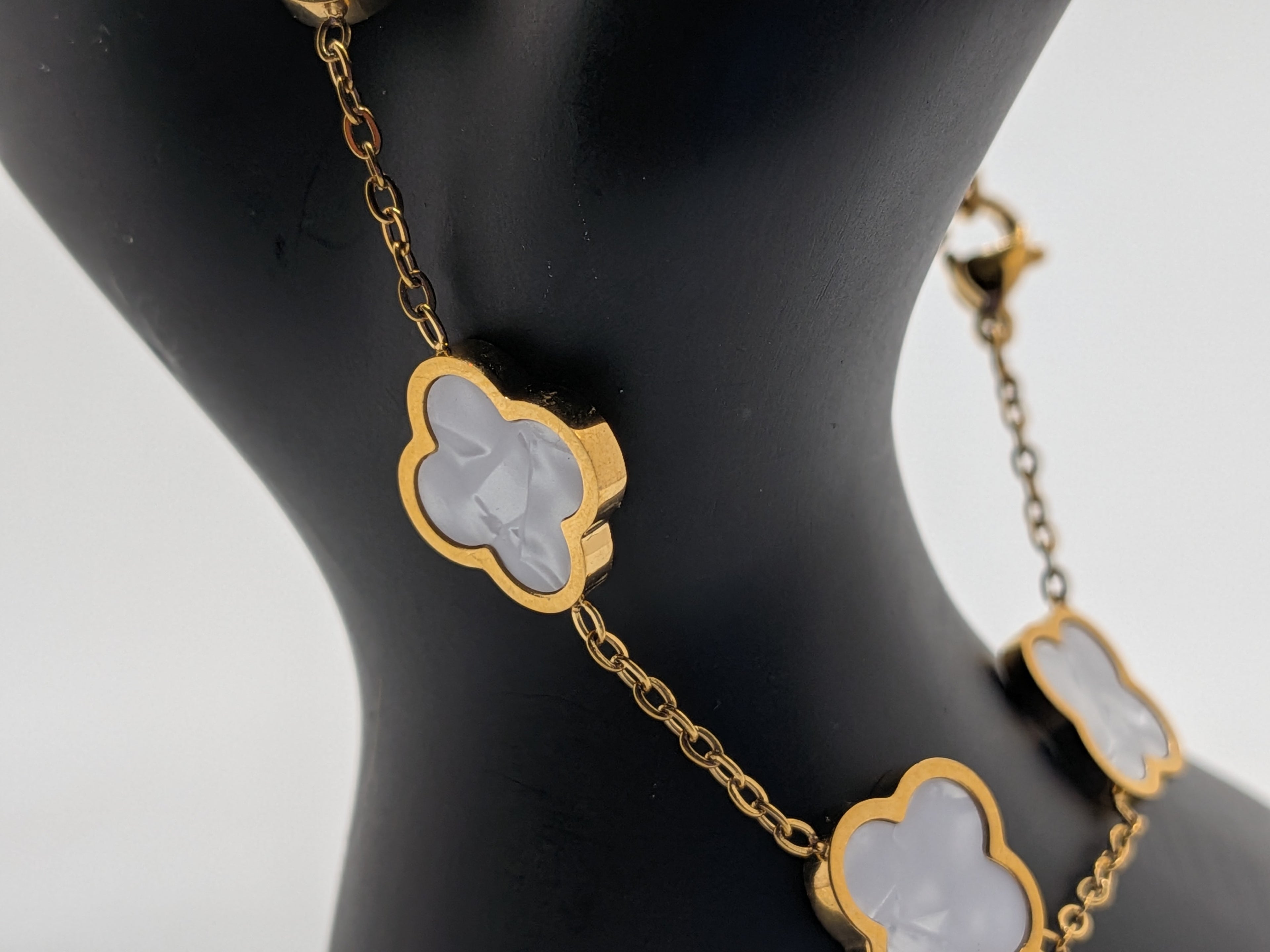 Clover Mother of Pearl Inspired Necklace Stainless Steel 18 KGP $45