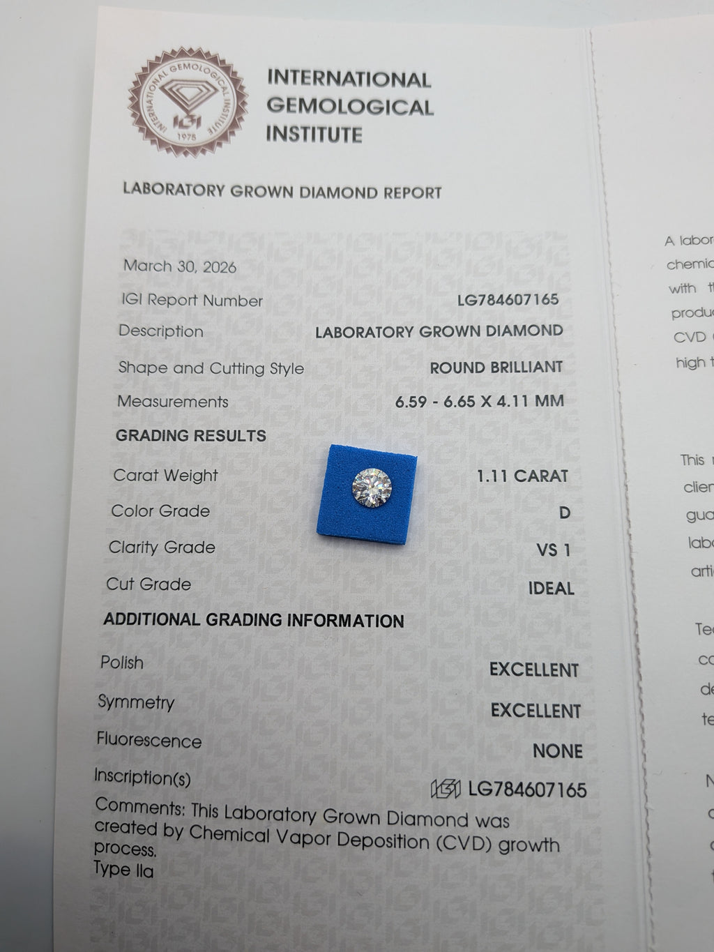 1.11 carat lab grown diamond D VS1 EXCELLENT POLISH EXCELLENT SYMMETRY igi 7165