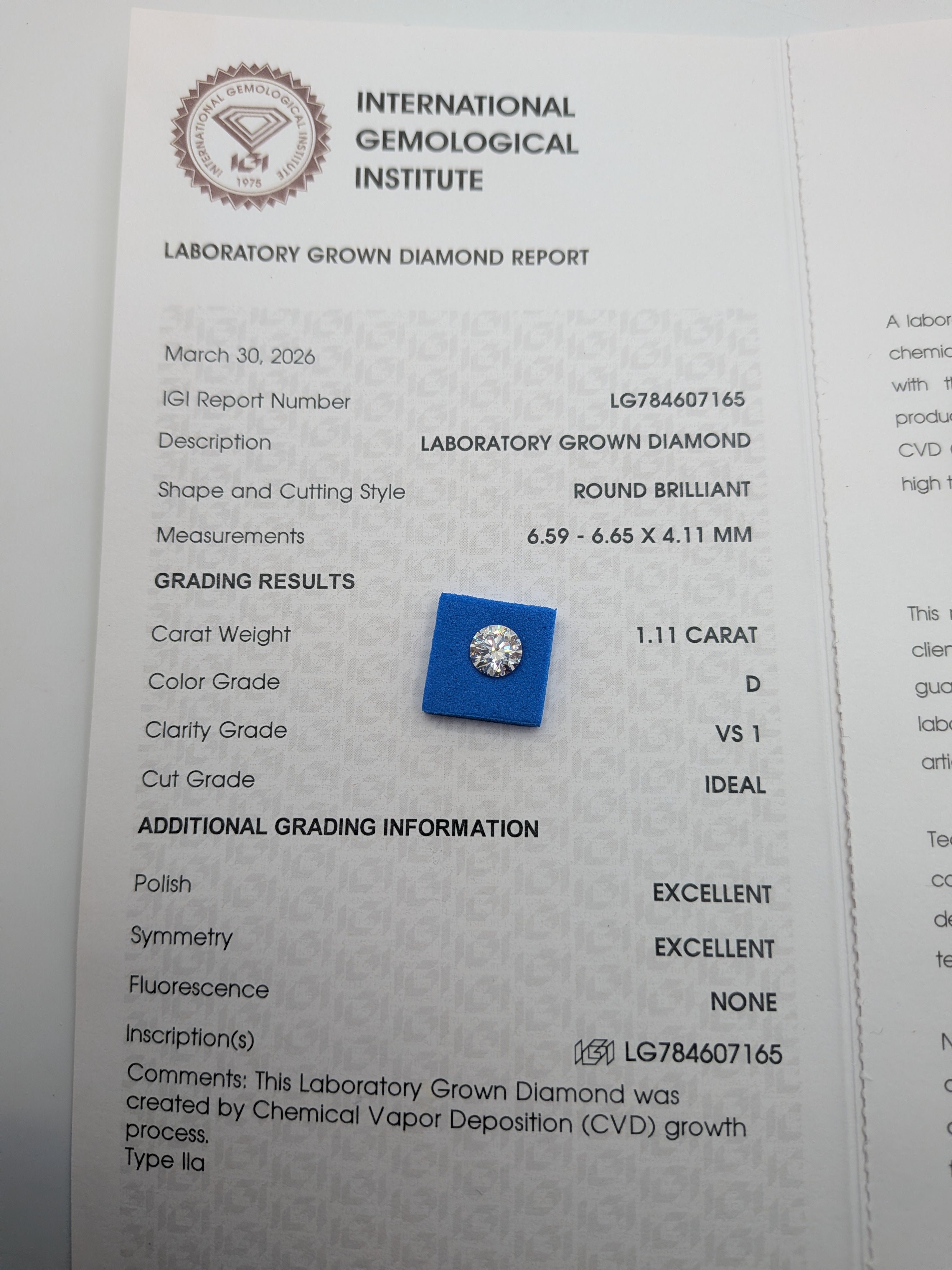 1.11 carat lab grown diamond D VS1 EXCELLENT POLISH EXCELLENT SYMMETRY igi 7165