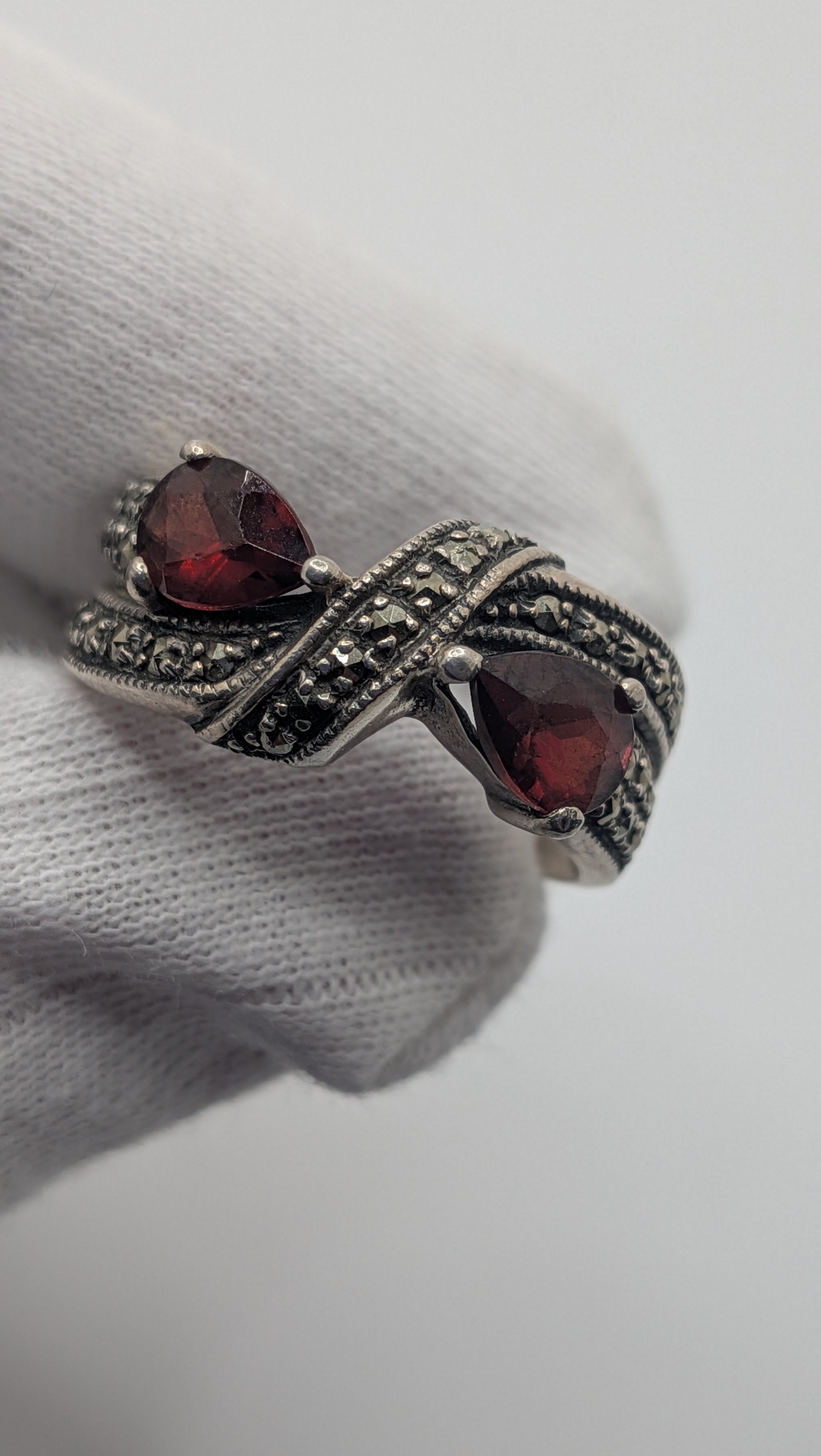 Sterling Silver Pear Garnet and Marcasite Ring Size 9.25
