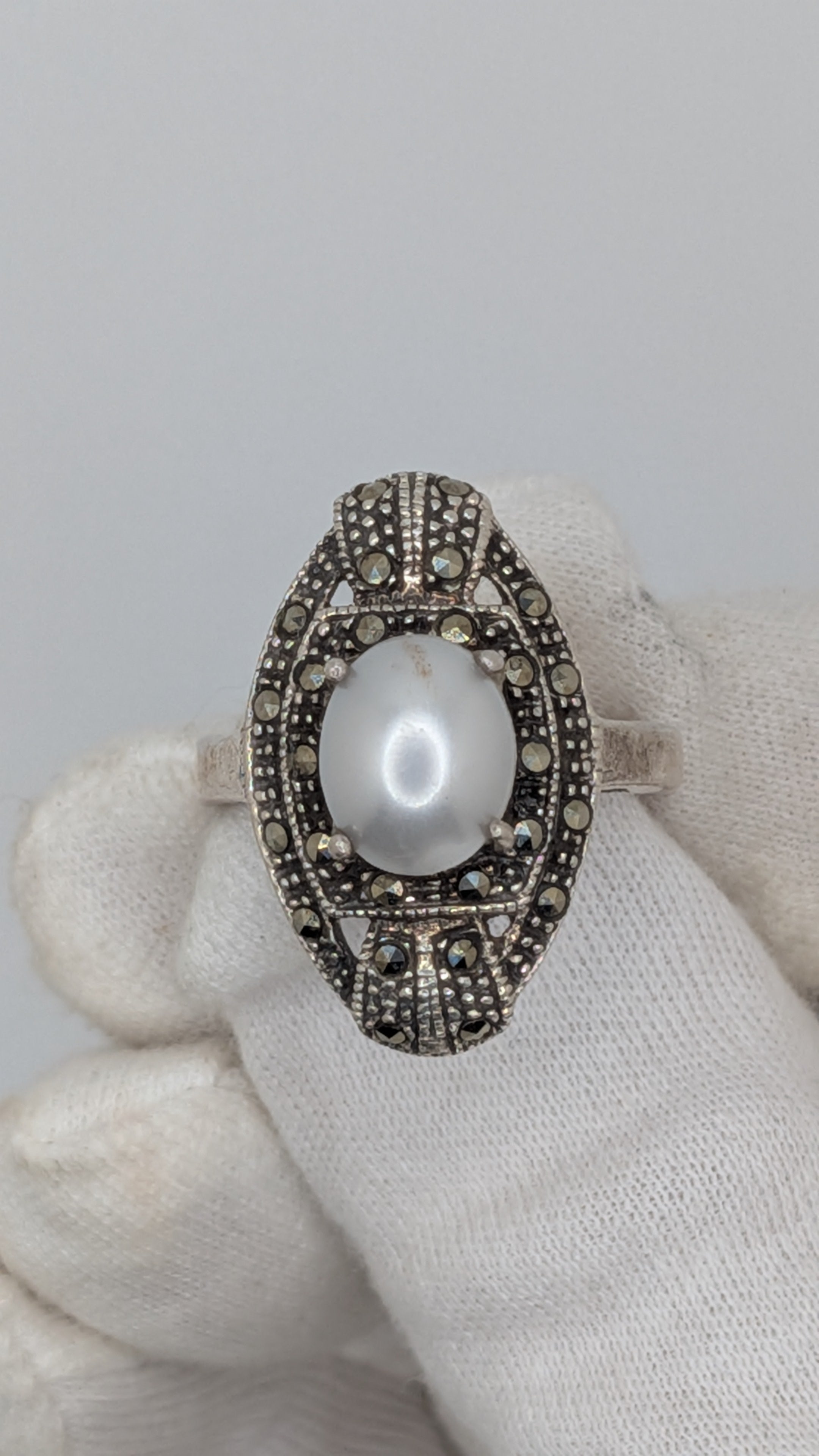 Vintage Marcasite and Pearl Silver Ring
