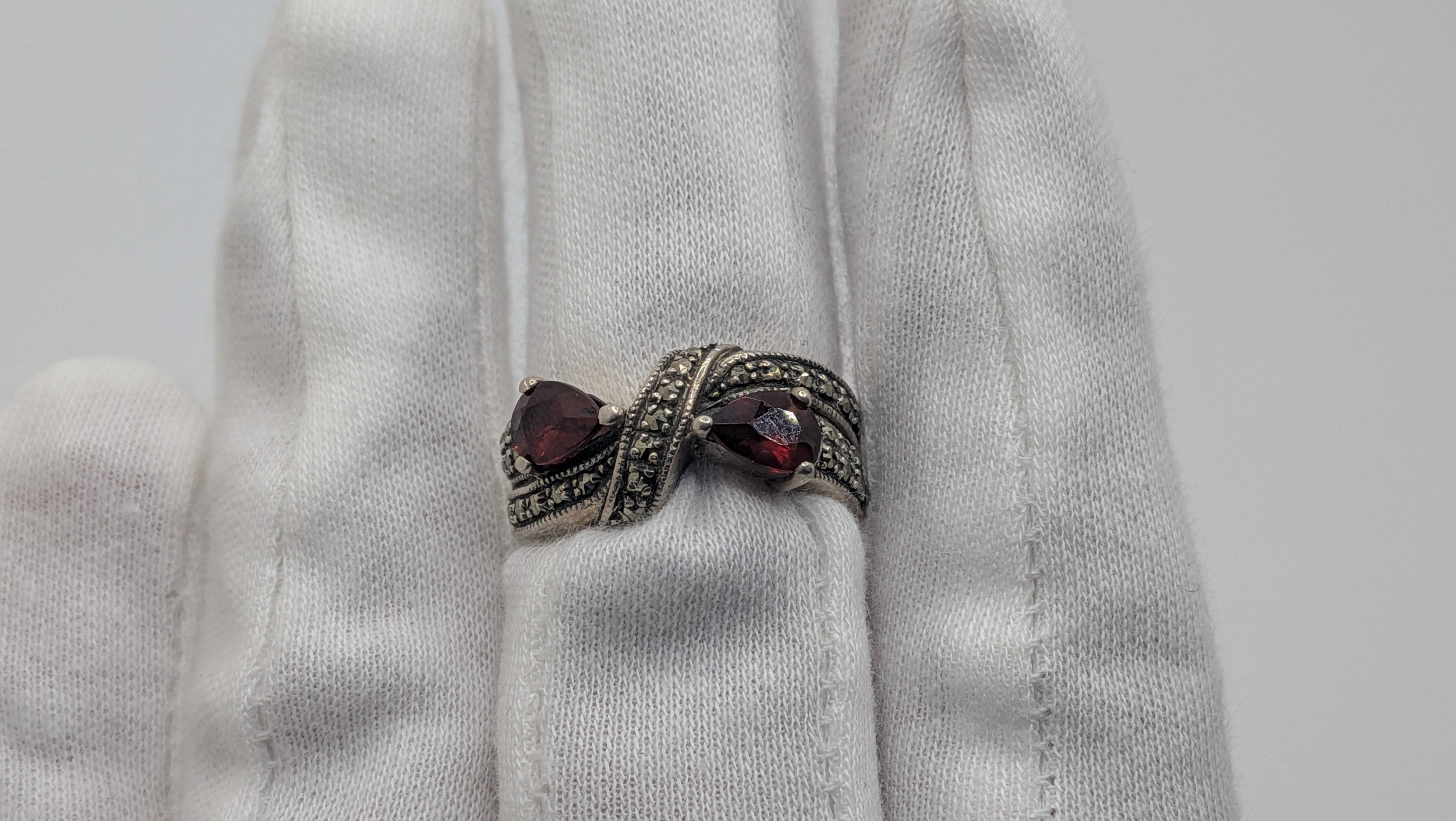Sterling Silver Pear Garnet and Marcasite Ring Size 9.25