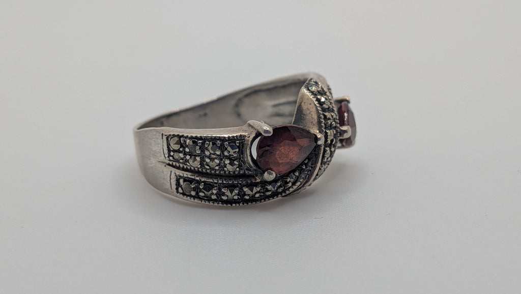 Sterling Silver Pear Garnet and Marcasite Ring Size 9.25