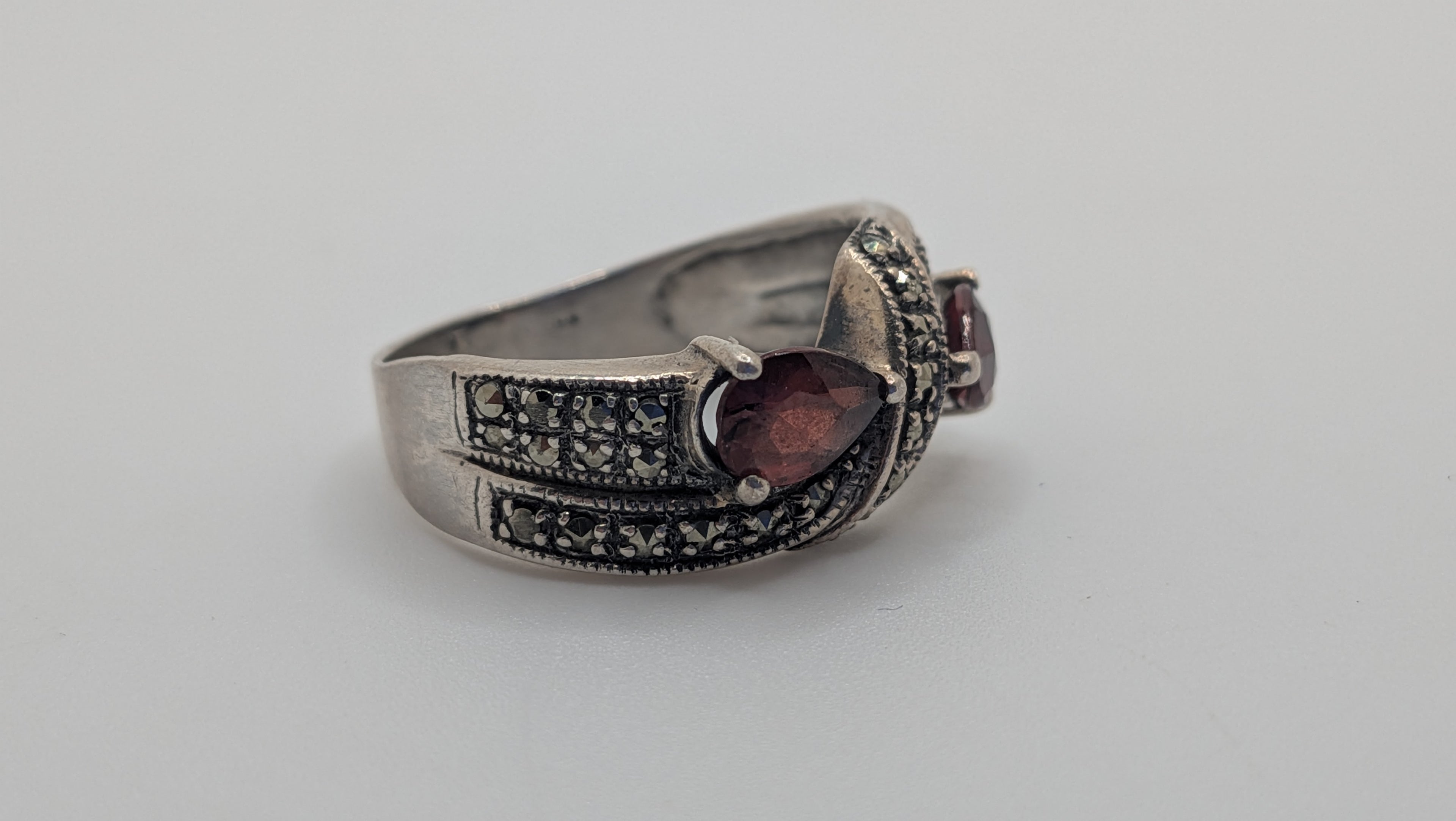 Sterling Silver Pear Garnet and Marcasite Ring Size 9.25