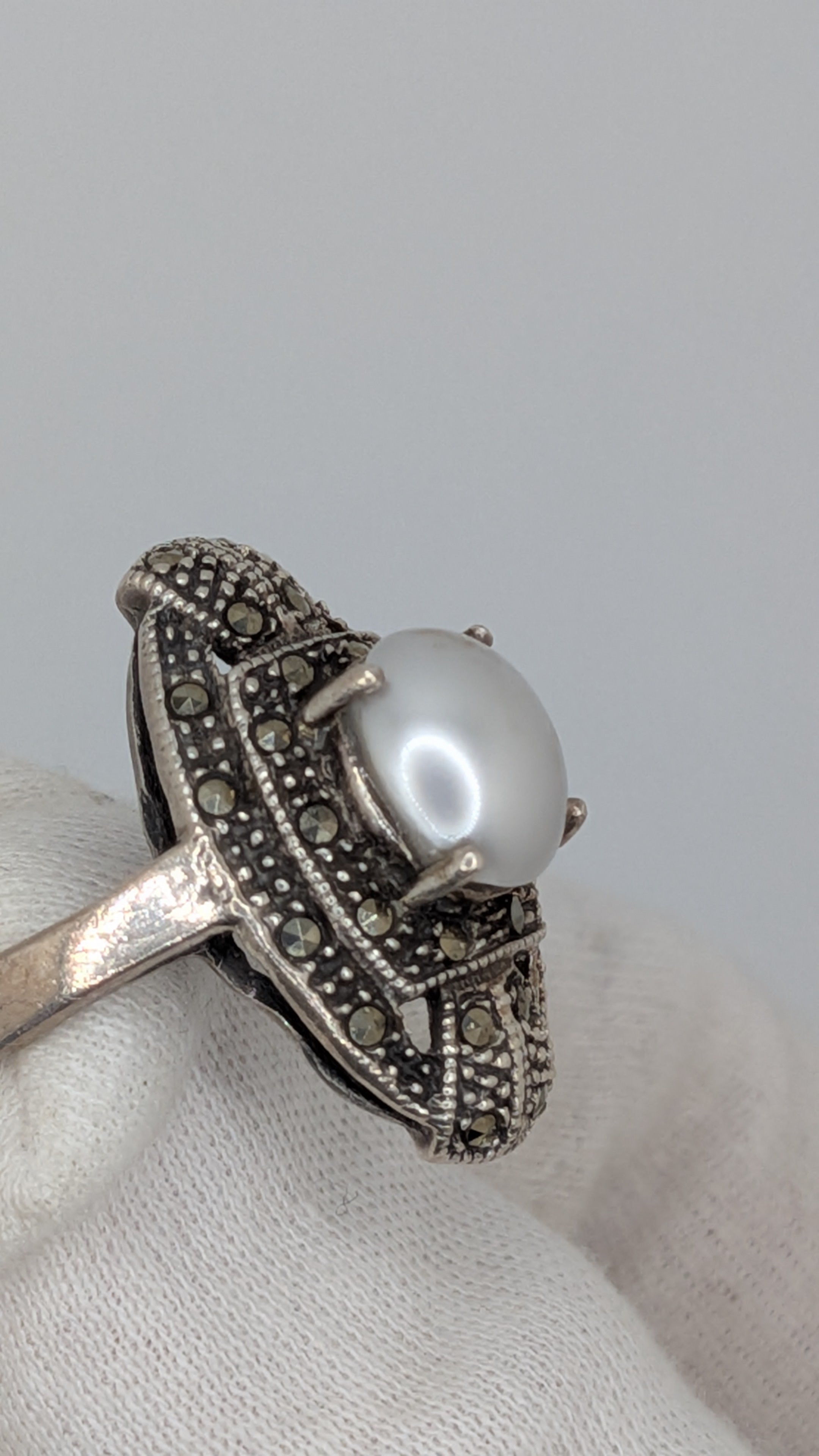 Vintage Marcasite and Pearl Silver Ring